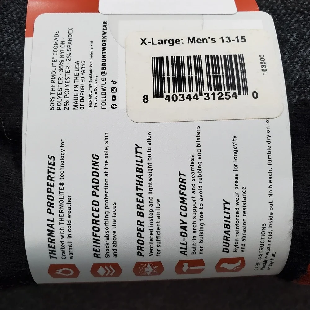 BRUNT Men Socks XL Black Crew 13-15 Warming Sock 2 pack Reinforced Padding NWT
